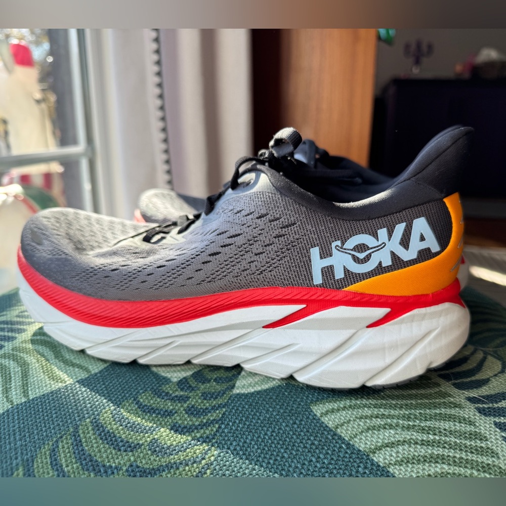 Hoka One One Clifton 8 - Anthracite Castlerock (gray) & Red - Men’s size 11